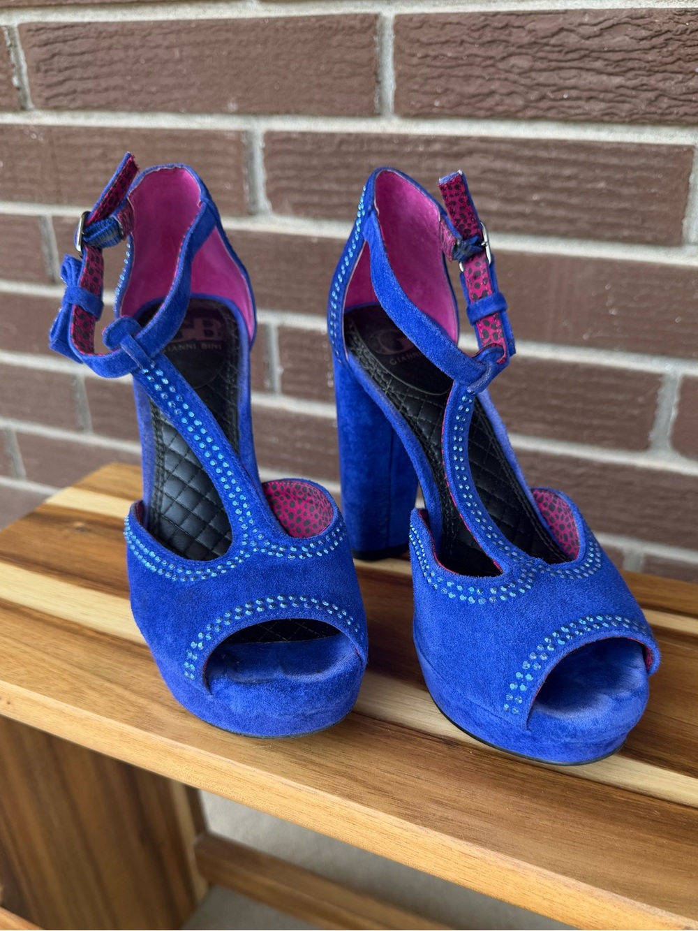 Gianni Bini Blue Suede Platform T-Strap Heels | Rhinestone Trim | Size 6.5